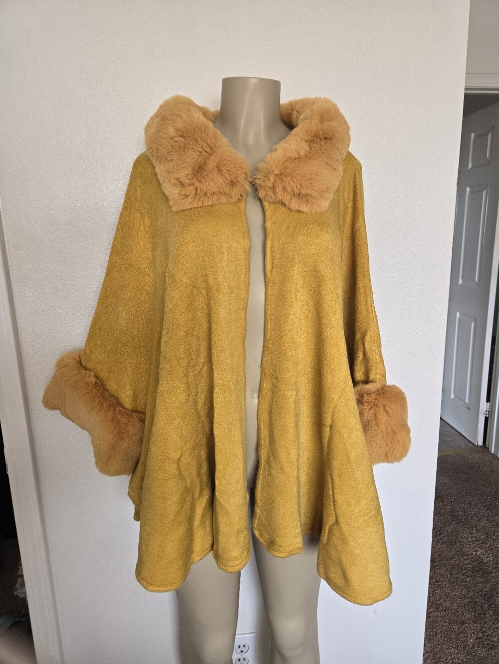 Mustard Yellow Faux Fur Trim Cape Coat